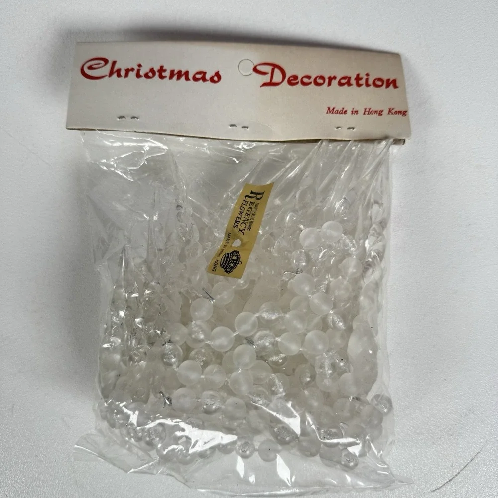 2 Vintage Beaded Icicle Garland Strands 7' Christmas Trim Frosted Clear Plastic
